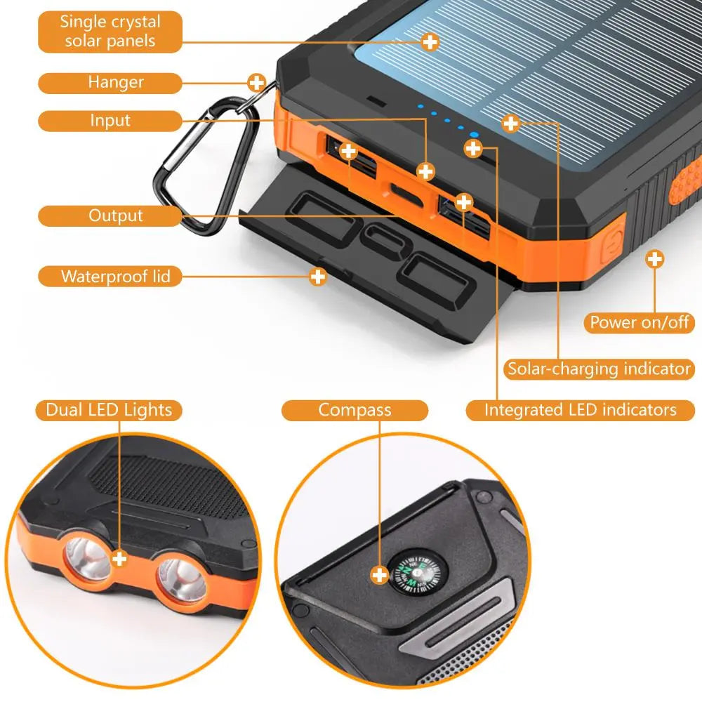 10000Mah Portable Solar Power Bank, Waterproof Solar Phone Charger with LED Light and Dual USB Ports, Compatible with Iphone and Android #GLOBAL PICKS